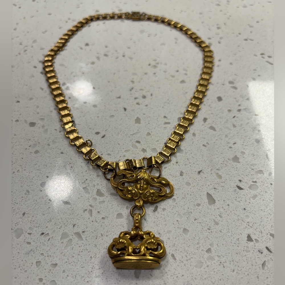 Vintage Sadie Green Regal Gold Crown Pendant Necklace with Engraving